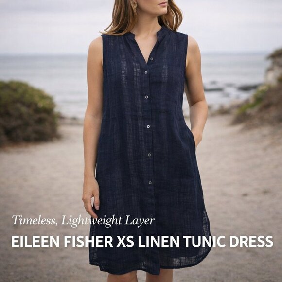 Eileen Fisher Dresses & Skirts - Eileen Fisher XS Linen Sleeveless Tunic Navy Lightweight Layering Dress